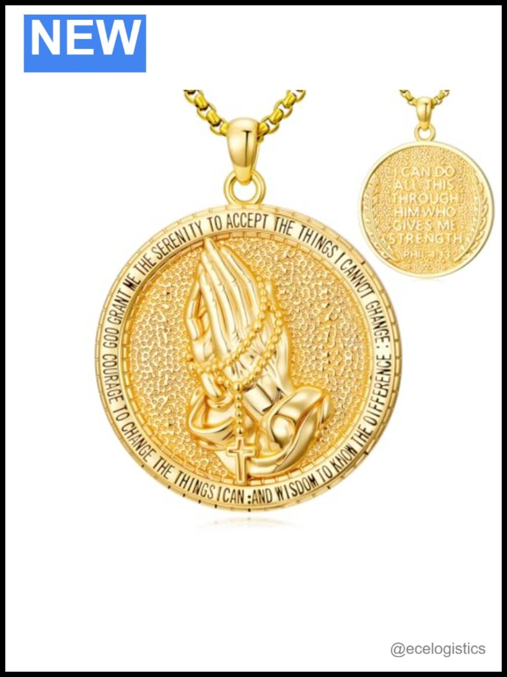 14K Gold Plated Praying Hands Medal Necklace Stainless Steel Chain